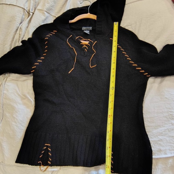 Black Knit Y2K Whipstitch Leather Black Hoodie Sweater Women L Bell Sleeve Boho - Picture 5 of 7